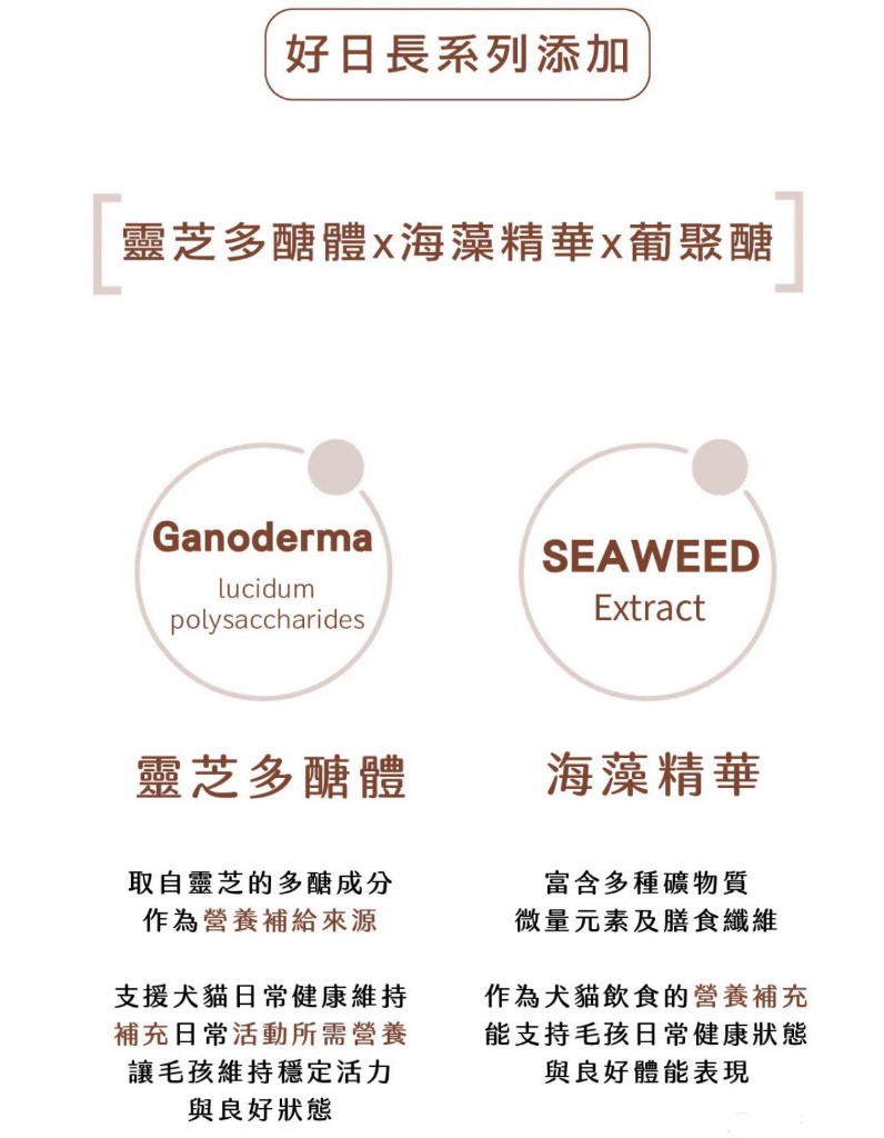 好日長系列添加靈芝多醣體與海藻精華,支援犬貓日常健康維持