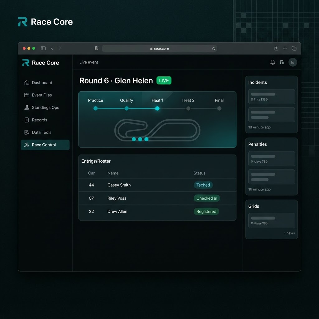 Race Core operations dashboard concept — event files, sessions, results and race control