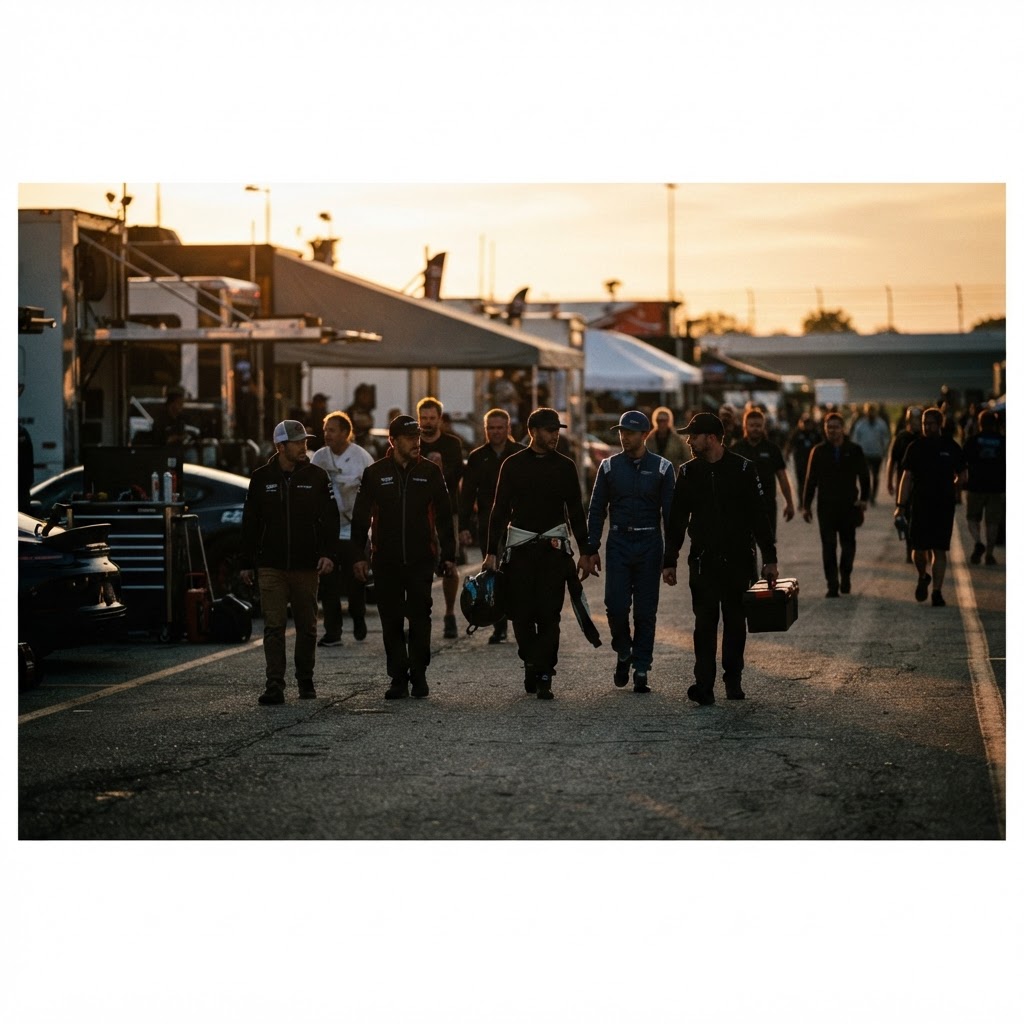 People walking through a race paddock at golden hour