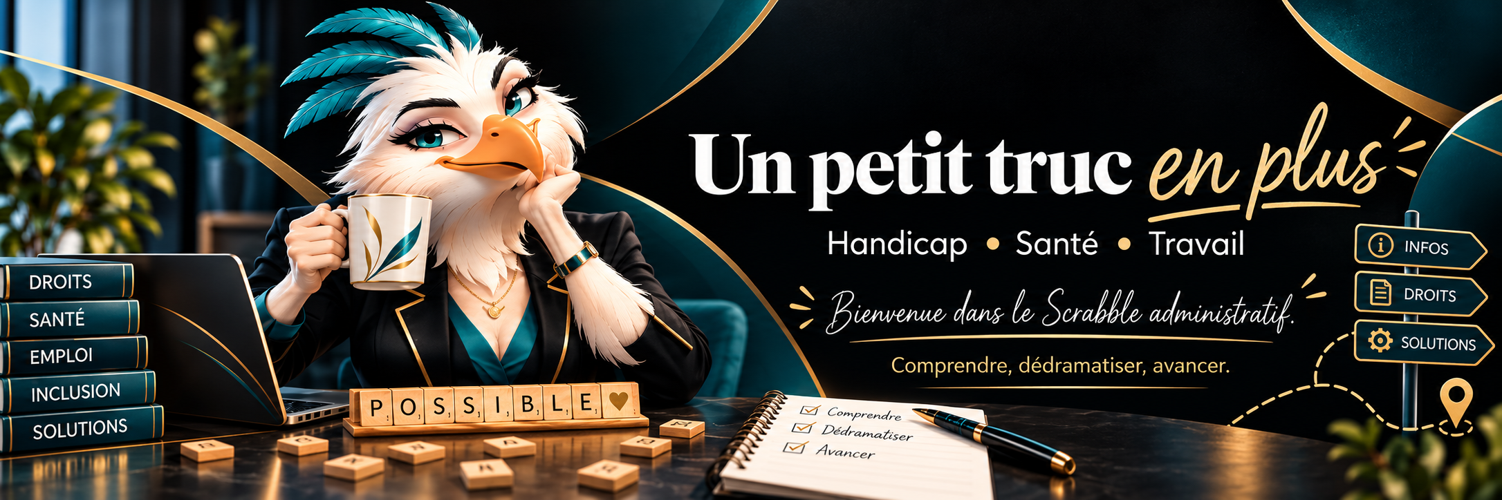 Bannière Un petit truc en plus – handicap, santé et travail, avec la mascotte féminine ATSA.