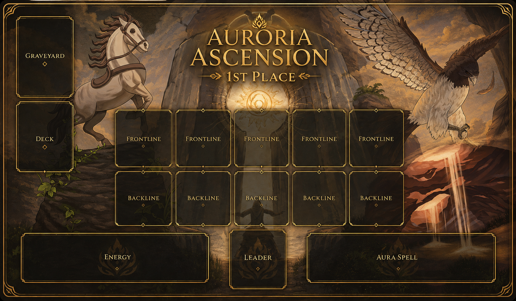 Official Auroria Ascension playmat showing the battlefield layout: Graveyard and Deck on the left, a 2-row by 5-column grid of Frontline and Backline slots in the center, and Energy Zone, Leader Zone, and Aura Spell Zone along the bottom.