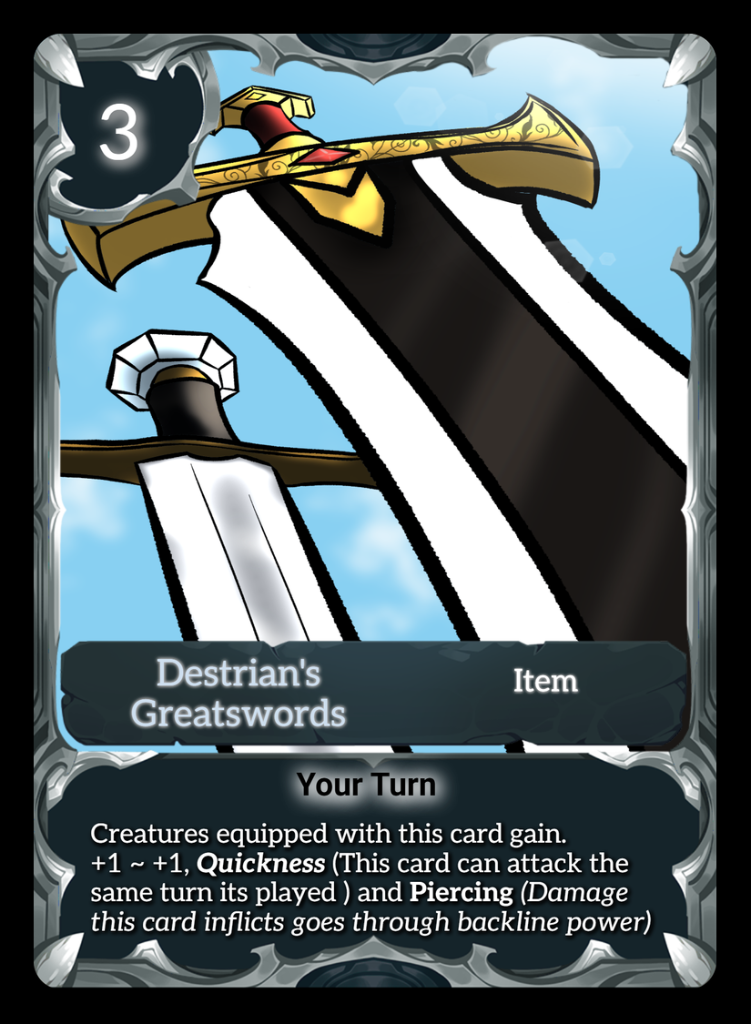 Destrian's Greatswords — an Uncommon white Item card with the Weapon trait. Cost: 3 Energy. Grants equipped creatures +1 power, Quickness, and Piercing.