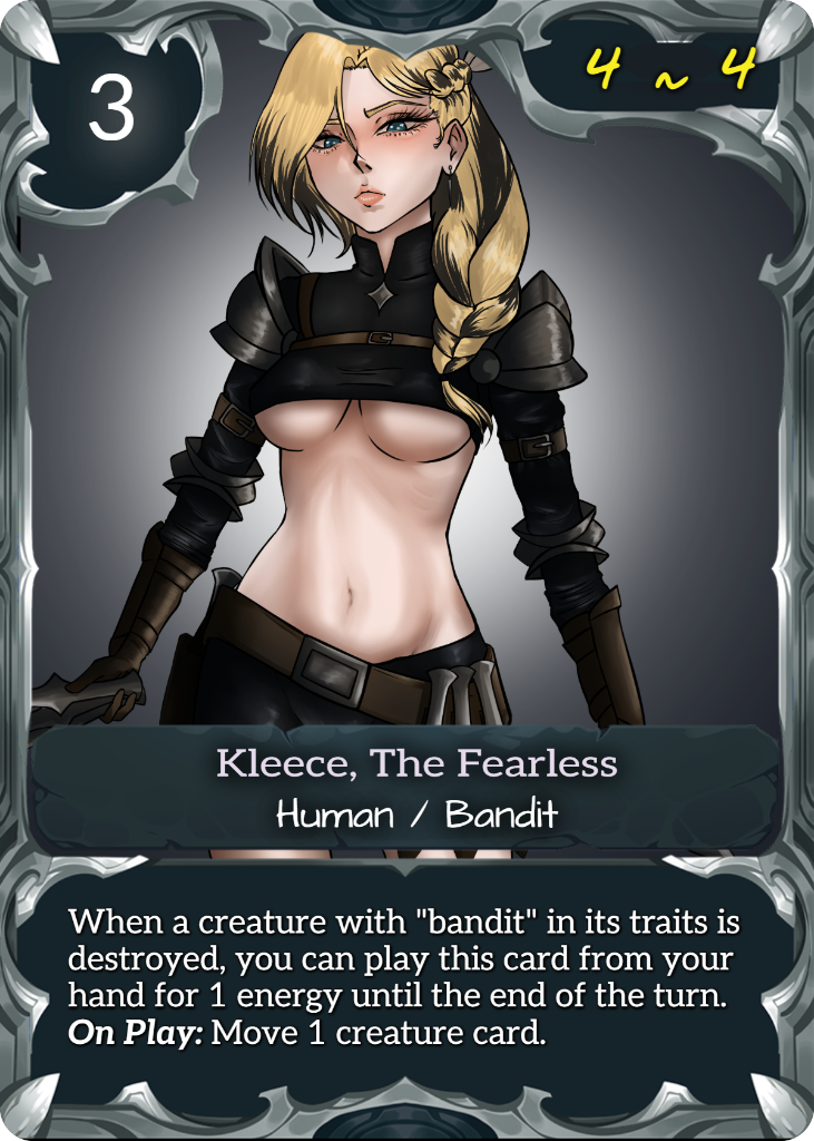 Kleece, The Fearless — a Rare white Creature card with 4 Frontline Power and 4 Backline Power. Race: Human. Trait: Bandit. Cost: 3 Energy.