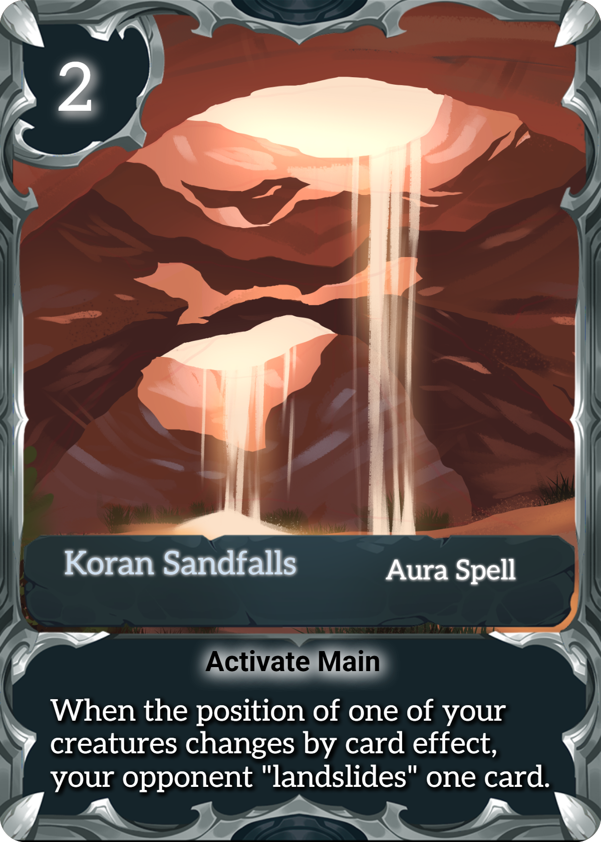 Koran Sandfalls — a Common white Aura Spell card. Cost: 2 Energy. When one of your creatures changes position by card effect, your opponent landslides one card.