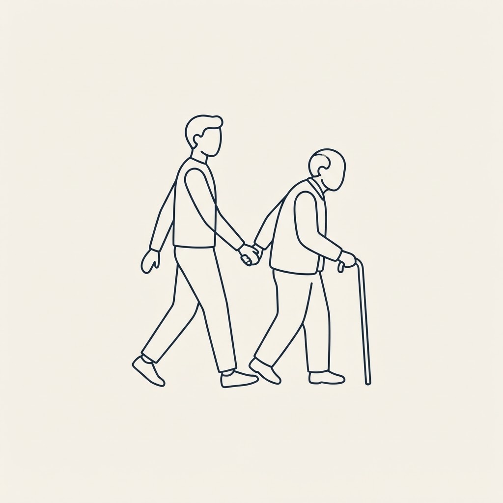 Line drawing of an older adult and a younger adult walking hand in hand