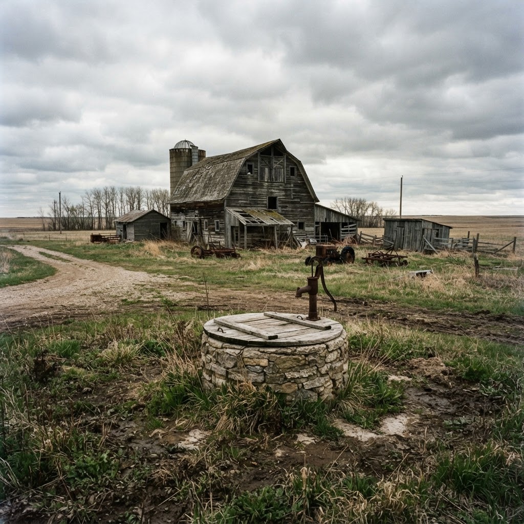 Older Manitoba farmstead with a weathered barn and a stone-lined dug well with a wooden lid in the foreground