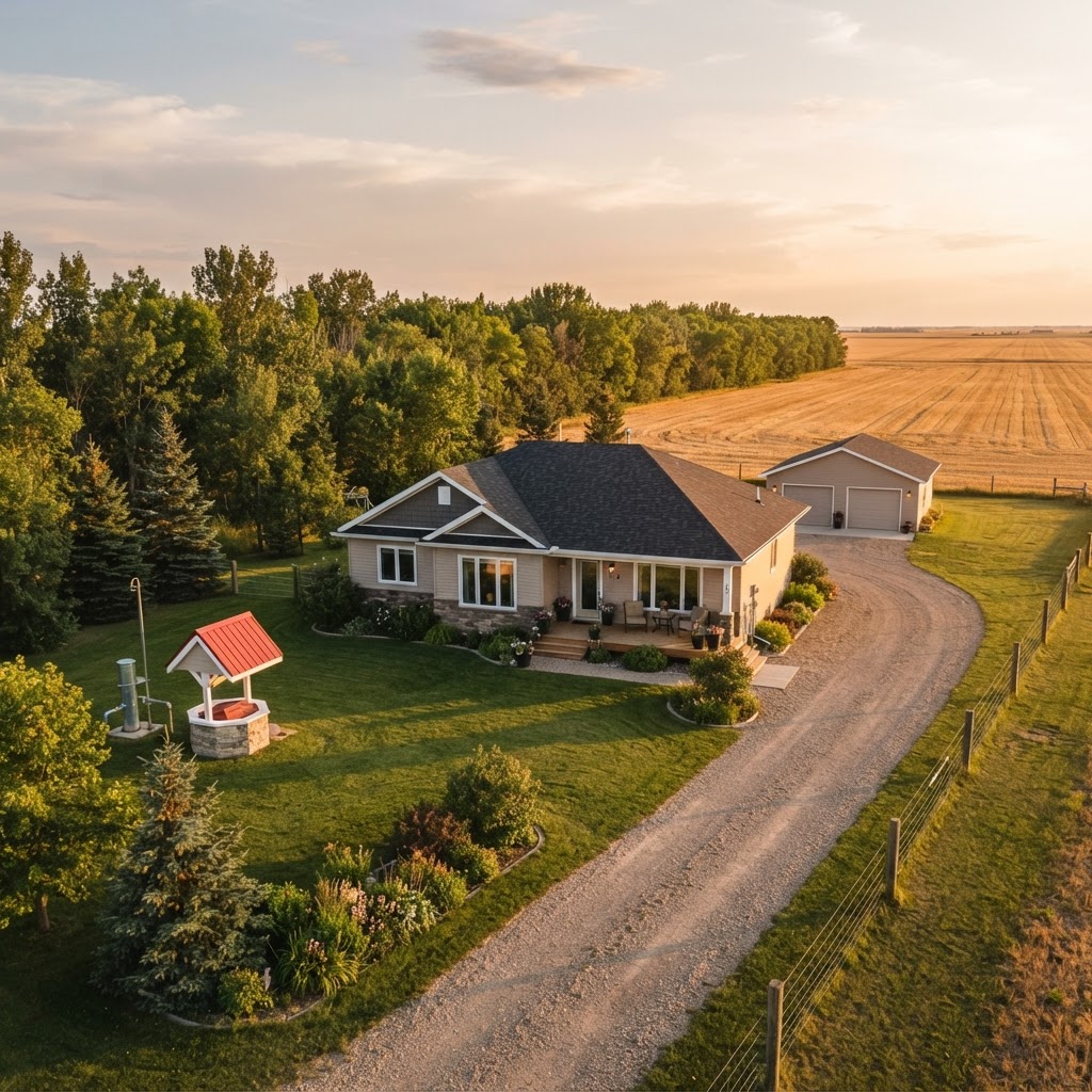 Rural Manitoba acreage with a bungalow, a well house and a steel well head in the side yard at sunset