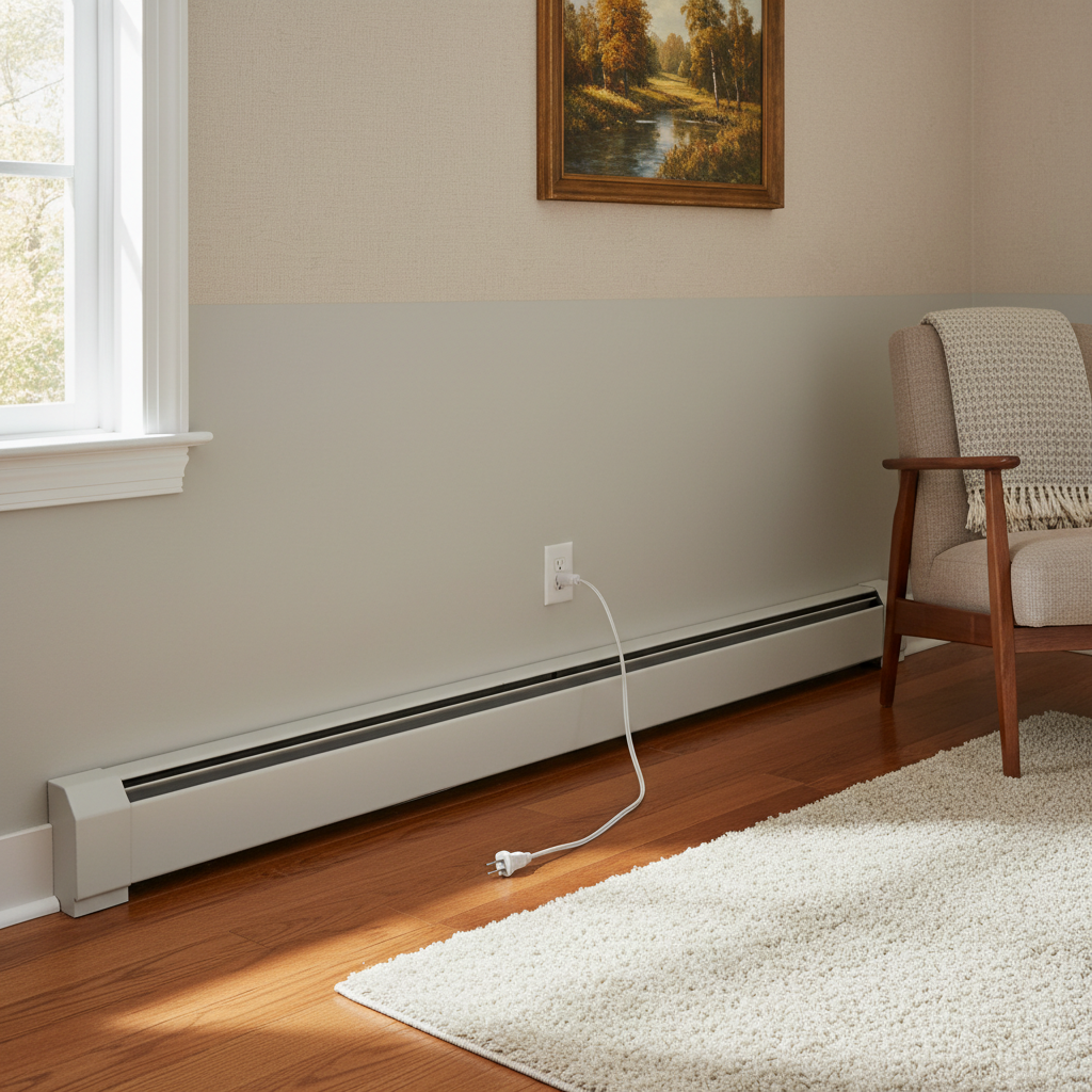 Electric baseboard heater along the wall of a residential room