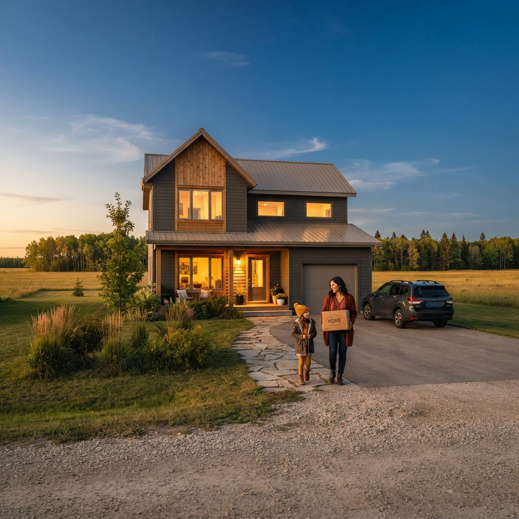 A family carrying a moving box toward the front door of a modern home on the Manitoba prairie at sunset