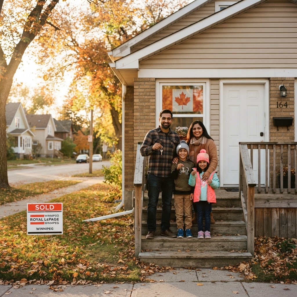Newcomer family standing on the front steps of their first Winnipeg home