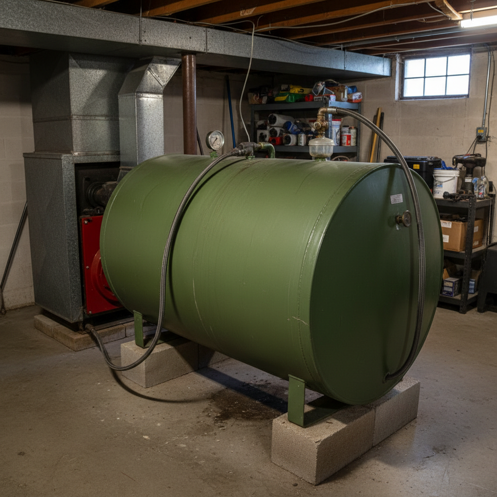 Residential heating oil storage tank in a home basement