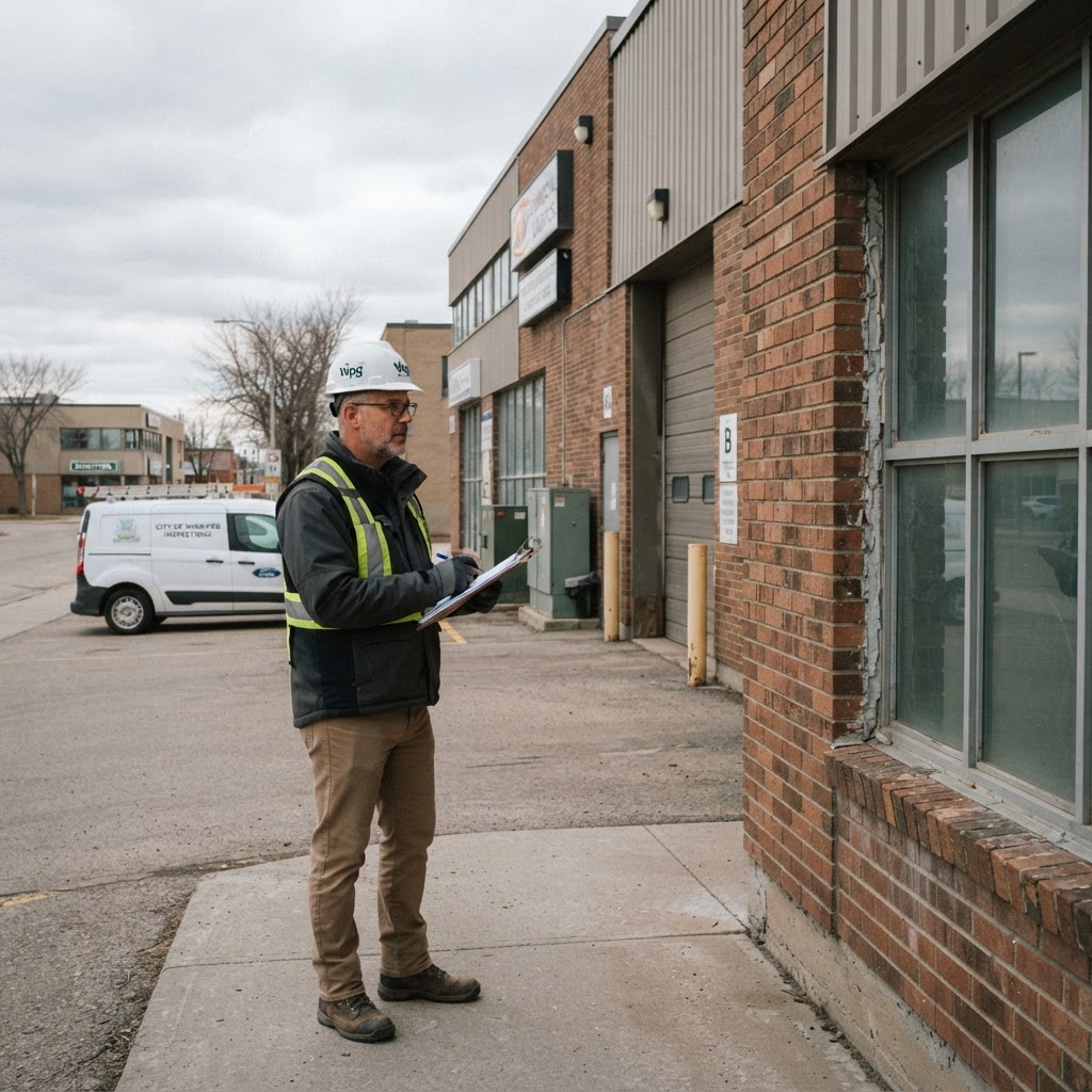 Inspector reviewing a commercial building in Winnipeg, Manitoba