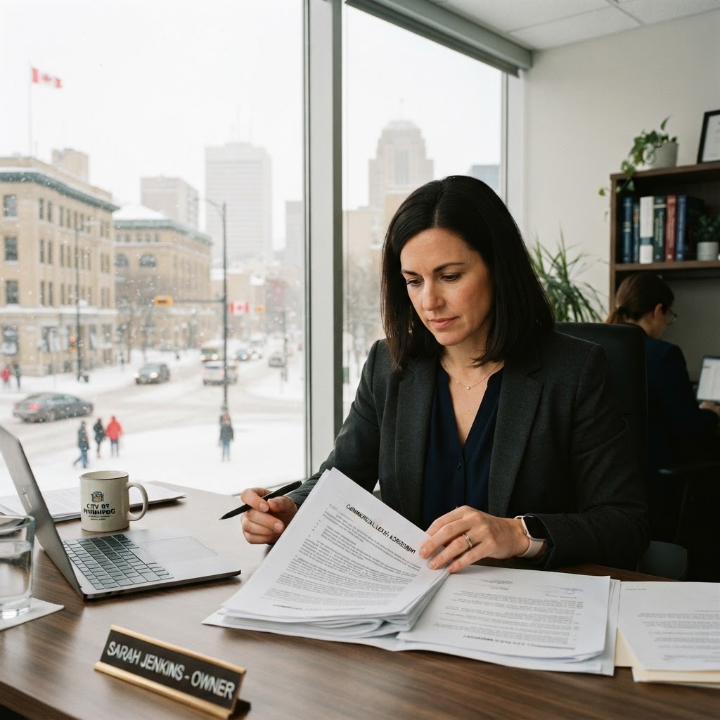 Business owner reviewing a commercial lease agreement in Winnipeg