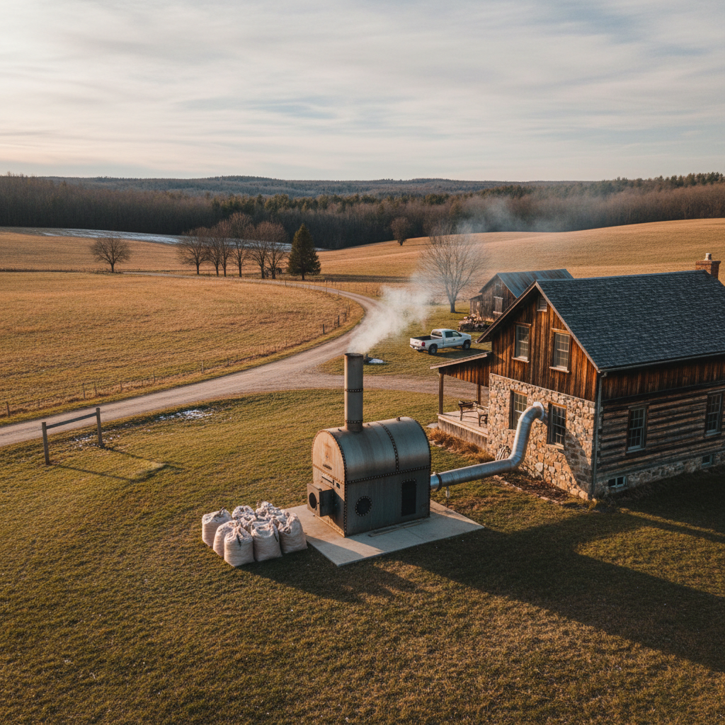 Outdoor wood pellet boiler furnace installed outside a rural home