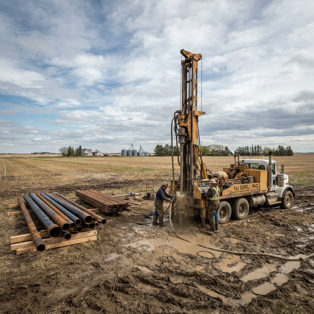 Truck-mounted water well drilling rig set up on a Manitoba farm field with steel well casing stacked on the ground