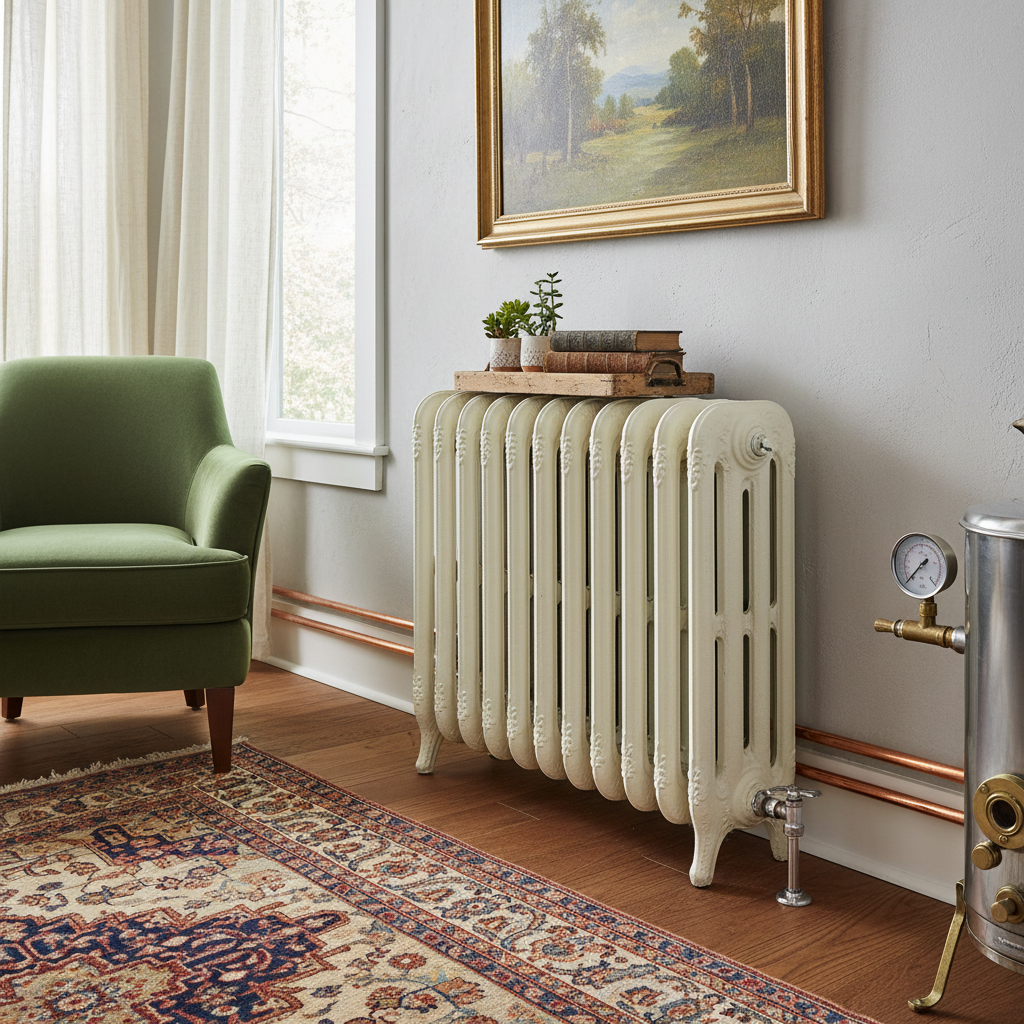 Cast iron water radiator in a home living room