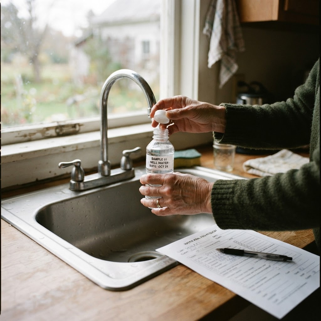 Hands holding a clear plastic water sample bottle filled from a kitchen tap in a rural home, testing paperwork on the counter beside it