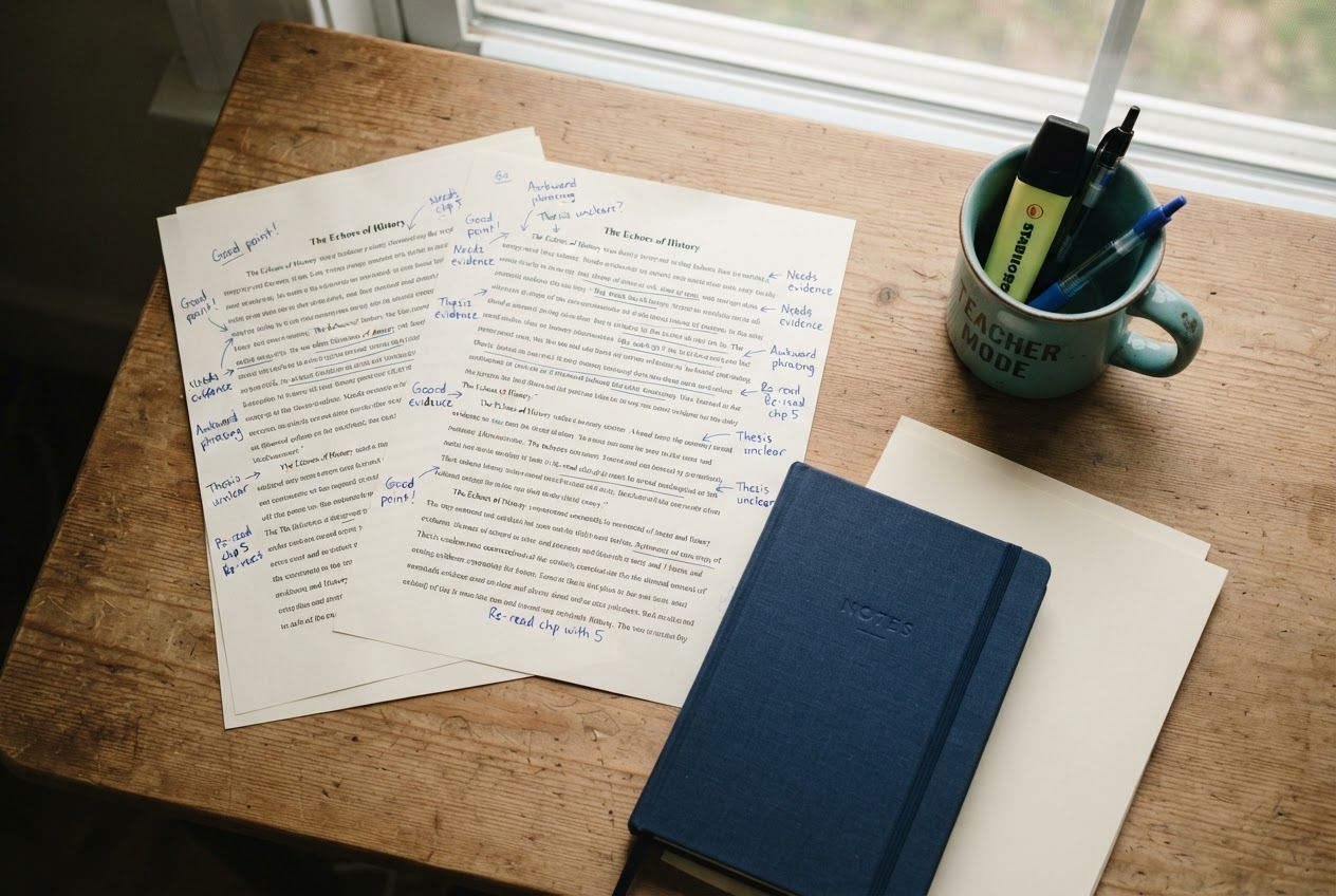 Teacher's desk with annotated essays