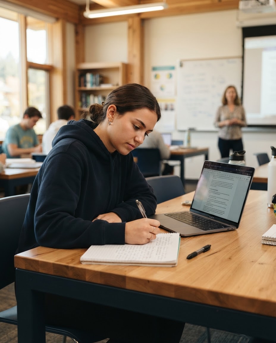 Student writing at a desk