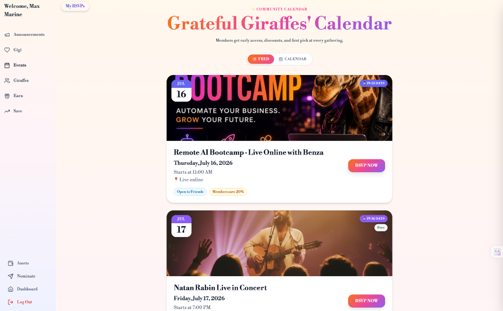 The Oasis homepage — the community calendar, built on Base44.