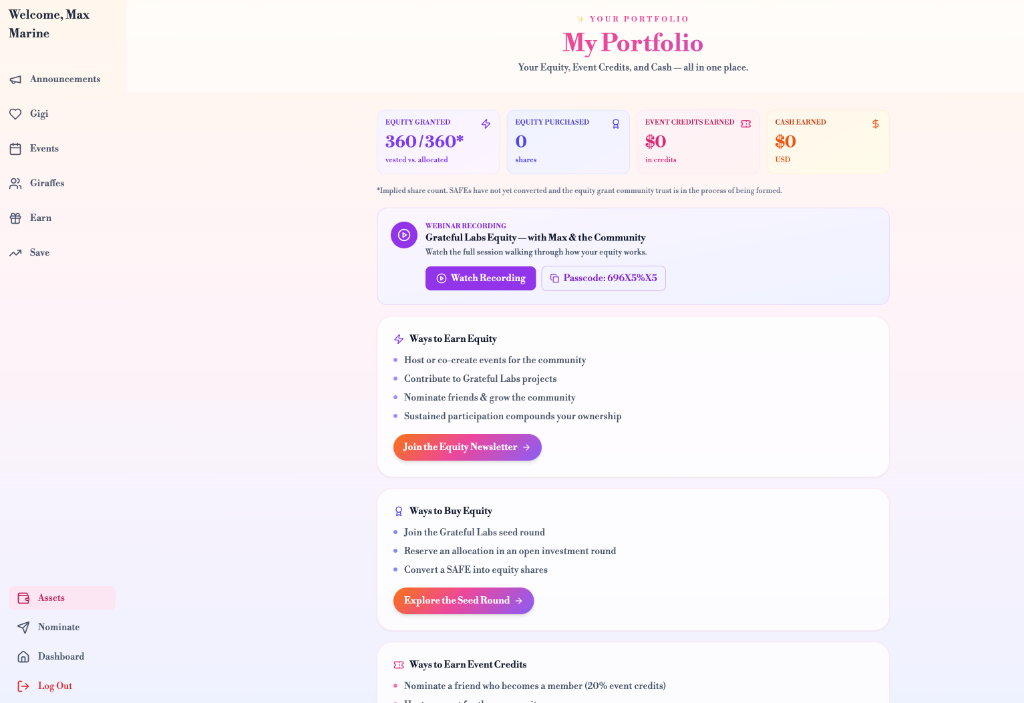 Community ownership — members track equity, credits, and cash.