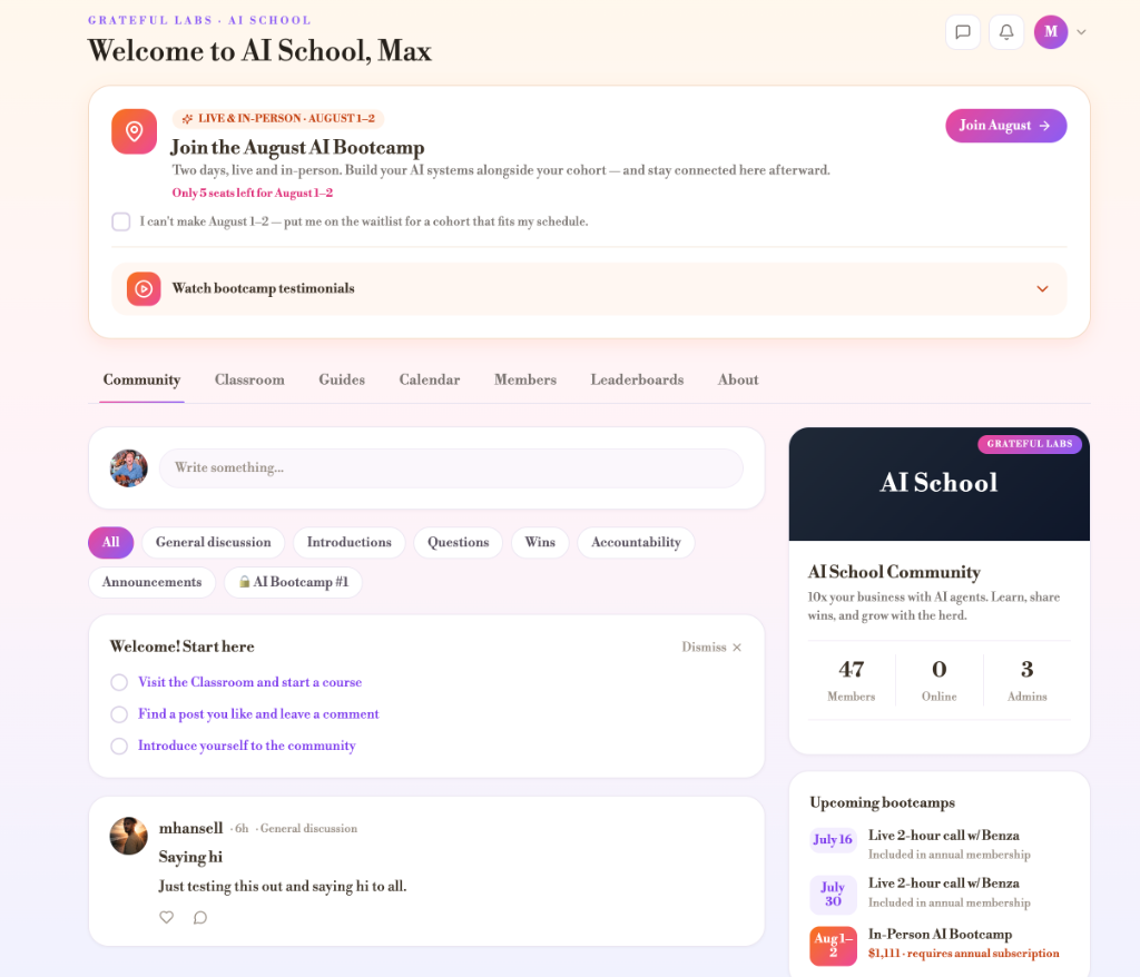 AI School — courses, community, and bootcamps in one place.