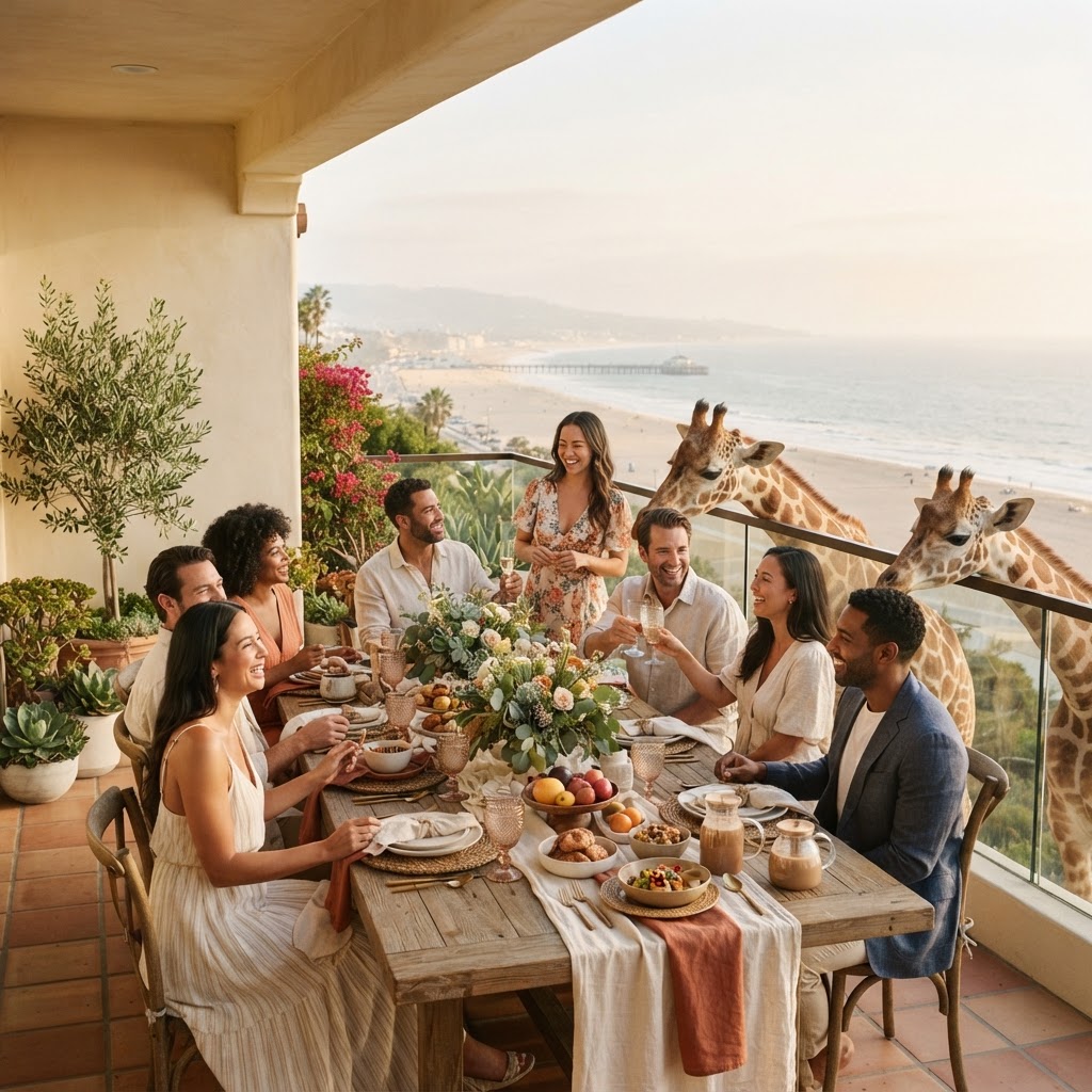 Giraffes and friends sharing brunch on a Santa Monica balcony