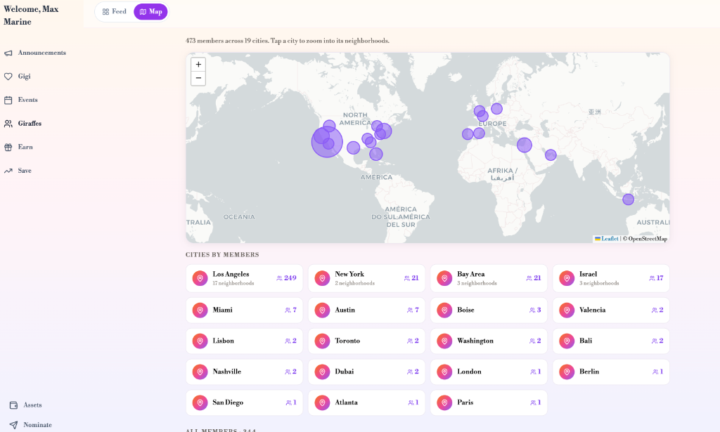 The community map — 473 members across 19 cities worldwide.