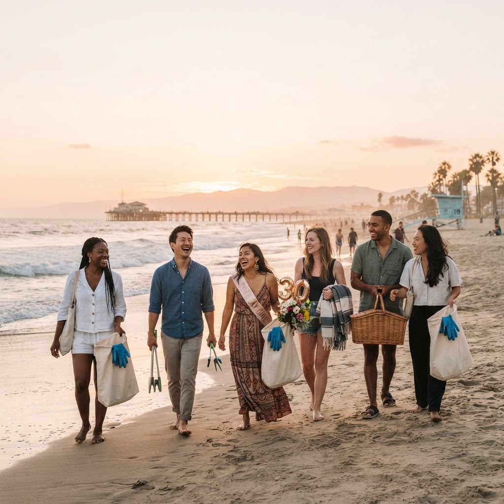 Friends cleaning Venice Beach before a sunset picnic