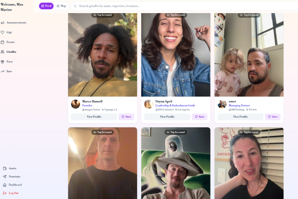 The community directory — members connect through video profiles.