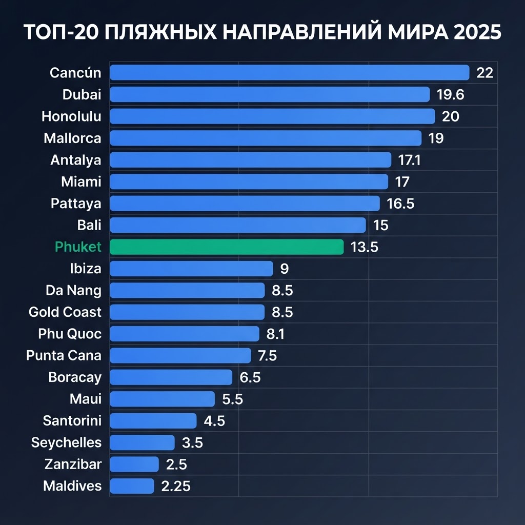 Топ-20 пляжных направлений мира по туристическому потоку 2025