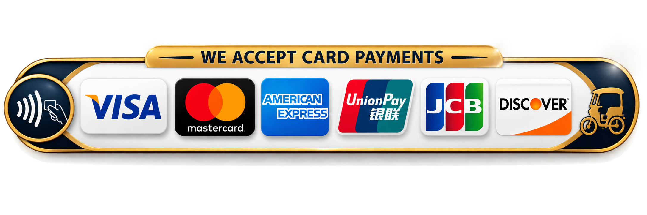 Aceptamos pagos con tarjeta — Visa, Mastercard, American Express, UnionPay, JCB, Discover