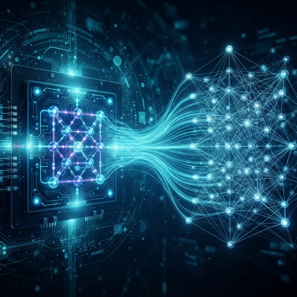 Illustratie: convergentie van kwantumcomputing en AI