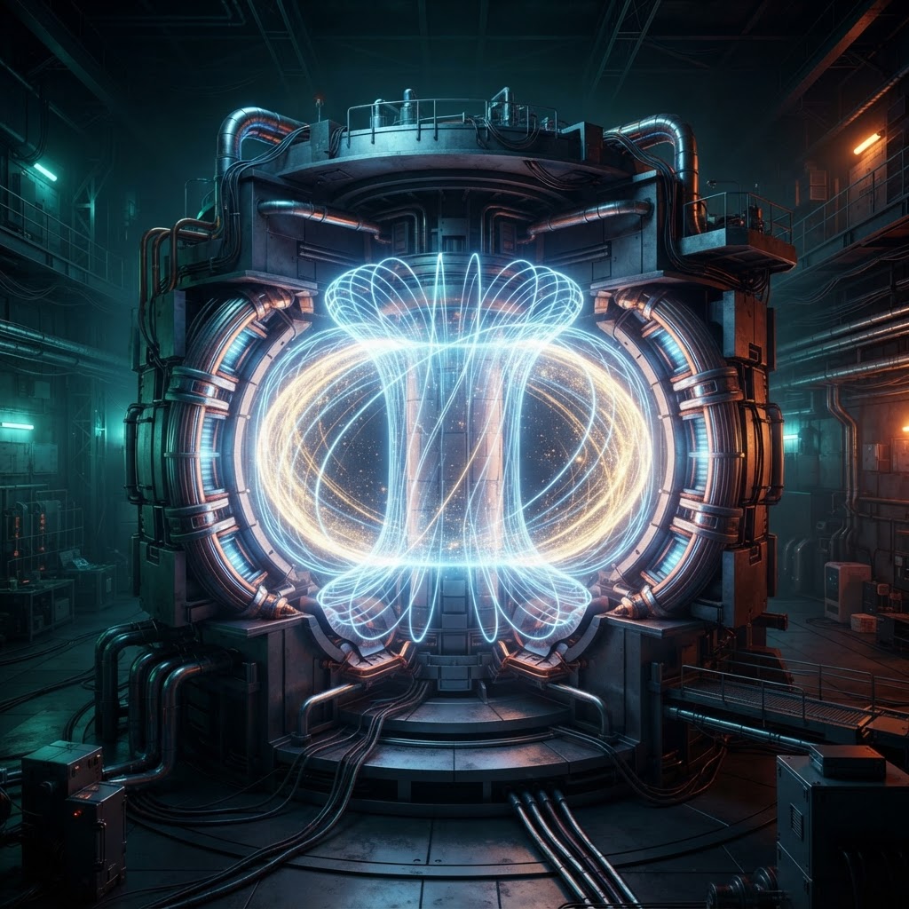 Illustratie van een kernfusie-reactor (tokamak) met superheet plasma