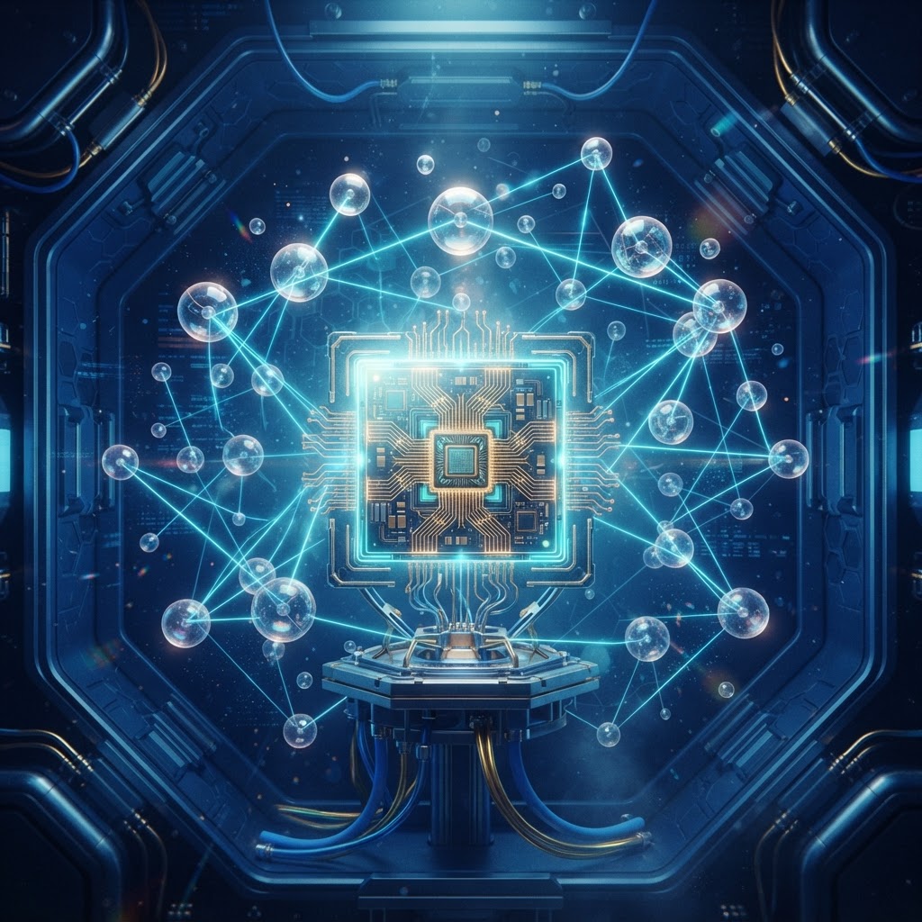 Illustratie: kwantumprocessor met verstrengelde qubits