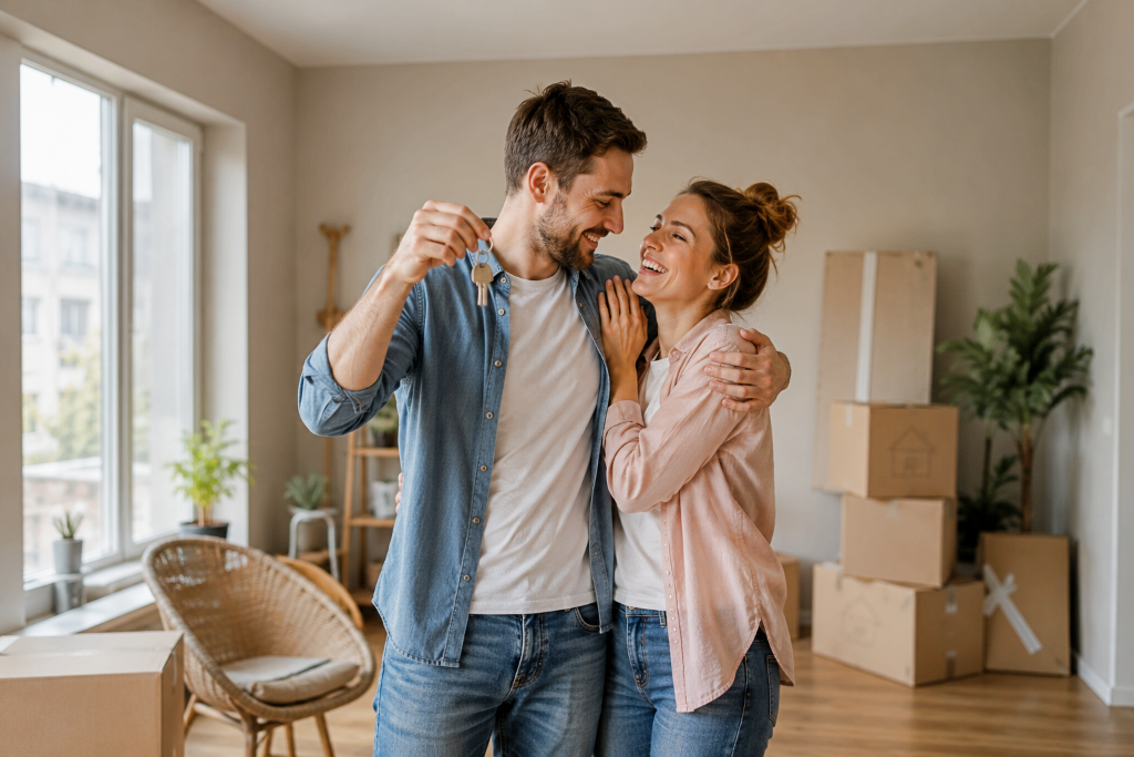 Happy couple with keys at new home