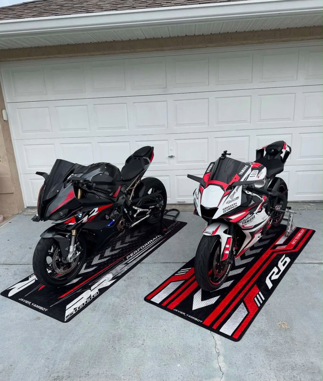 Sportbike parked on a custom matching garage mat