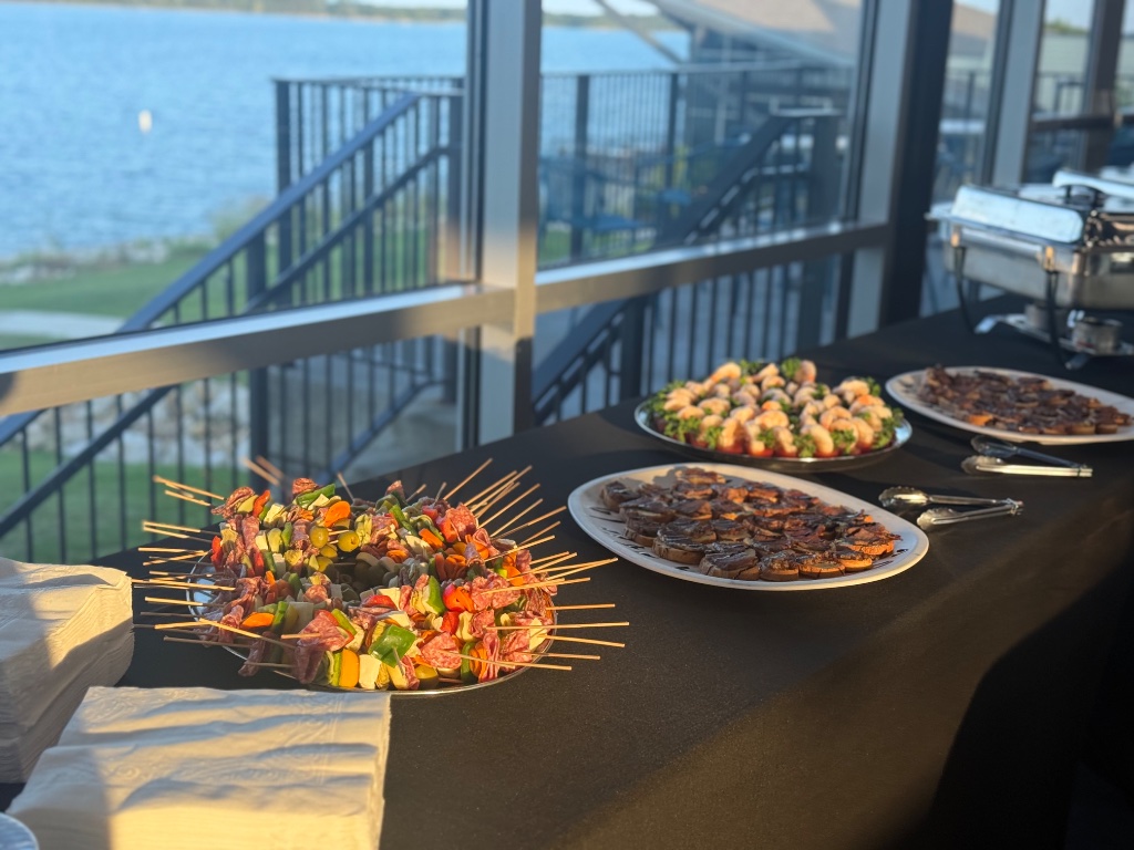 Antipasti skewers, beef tenderloin toast points, and shrimp cocktail shooters