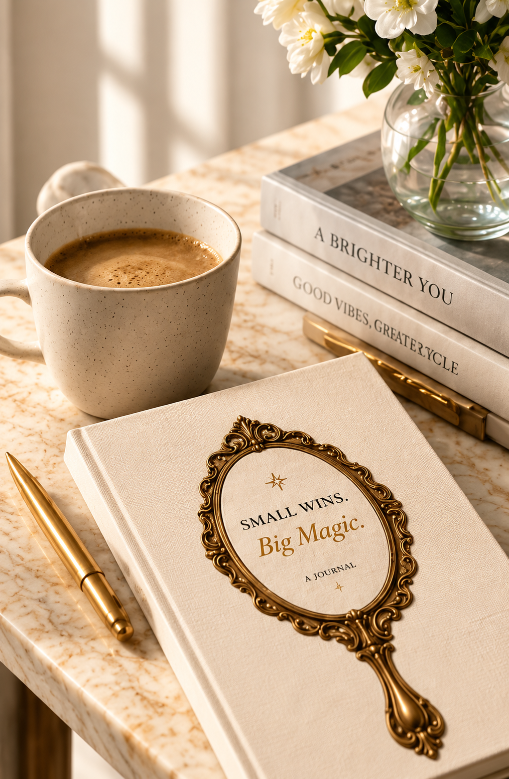 Journal, coffee and white flowers on a table