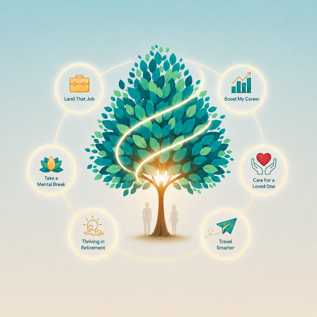 Glasshouse — one platform, six life areas: Land That Job, Boost My Career, Care For a Loved One, Travel Smarter, Thriving in Retirement, Take a Mental Break