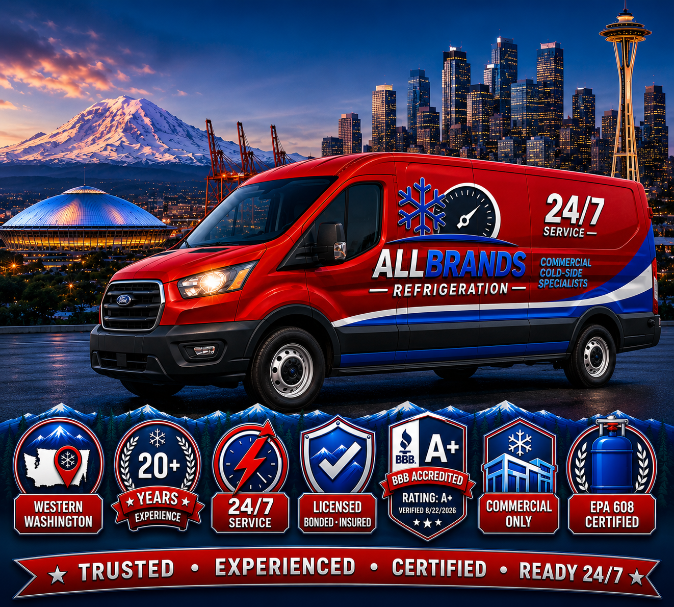 AllBrands Refrigeration 24/7 emergency cooler and freezer service van in Western Washington with licensed, bonded, EPA 608 certified credentials