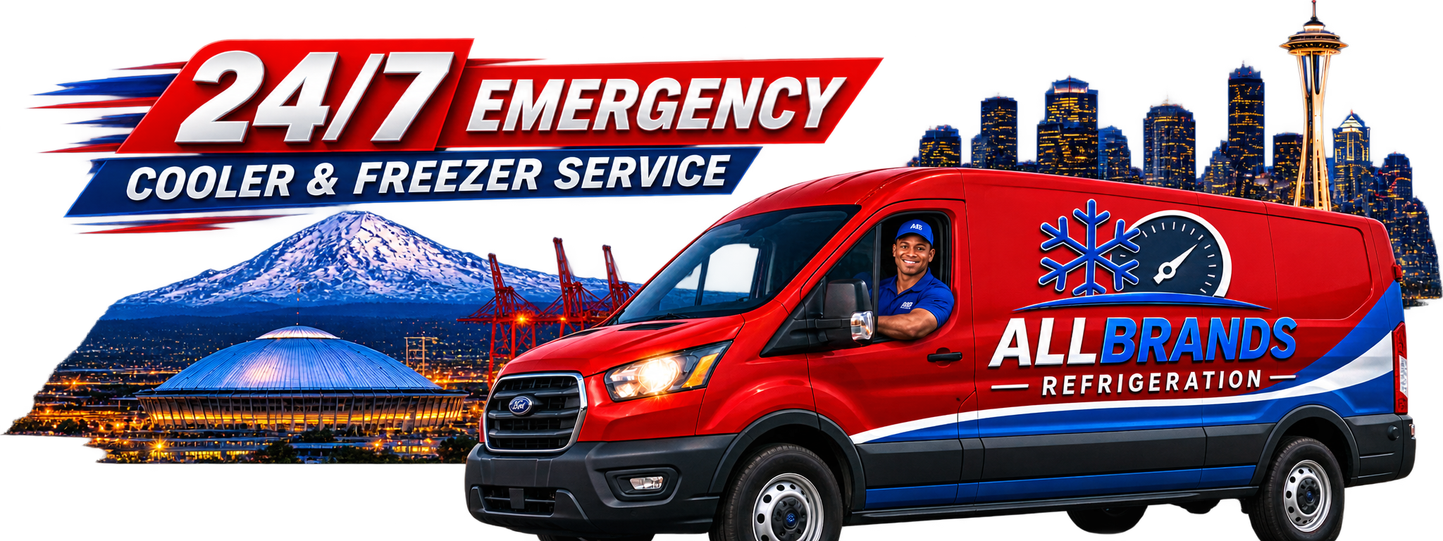 AllBrands Refrigeration 24/7 emergency cooler and freezer service van with Seattle and Tacoma skyline