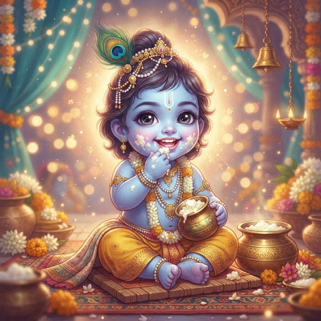 Cute little Krishna happily eating butter — Happy Janmashtami from Gowda Kitchen
