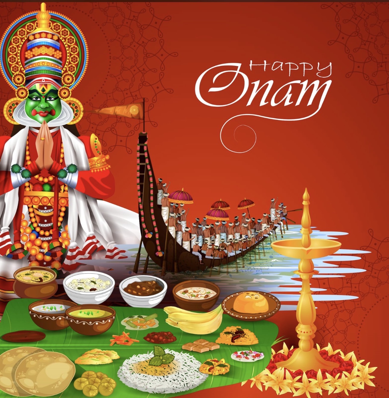Happy Onam from Gowda Kitchen — Kathakali, snake boat race, Onam sadya and nilavilakku