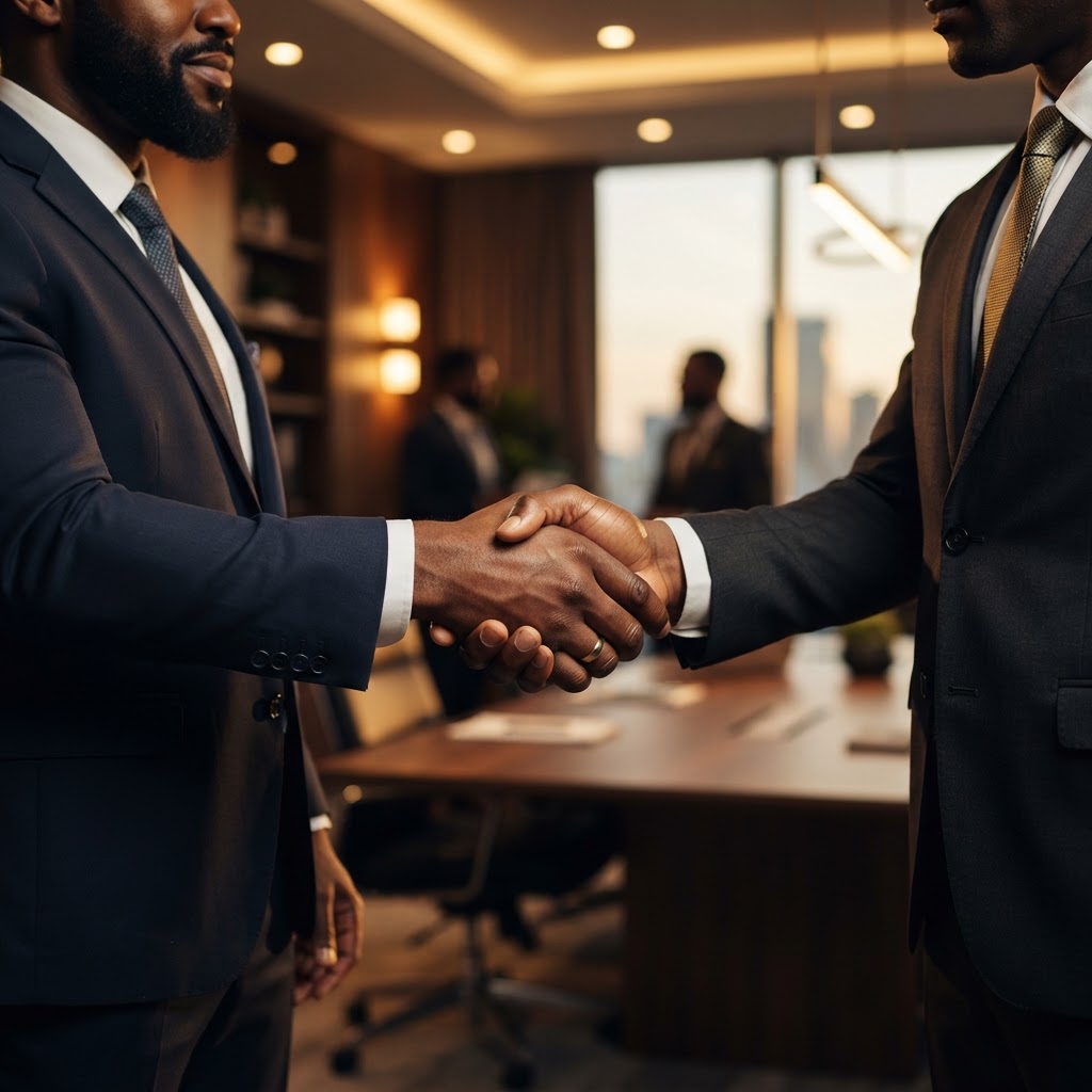 Two hands shaking — partnership and unity in the Black Wealth Circle