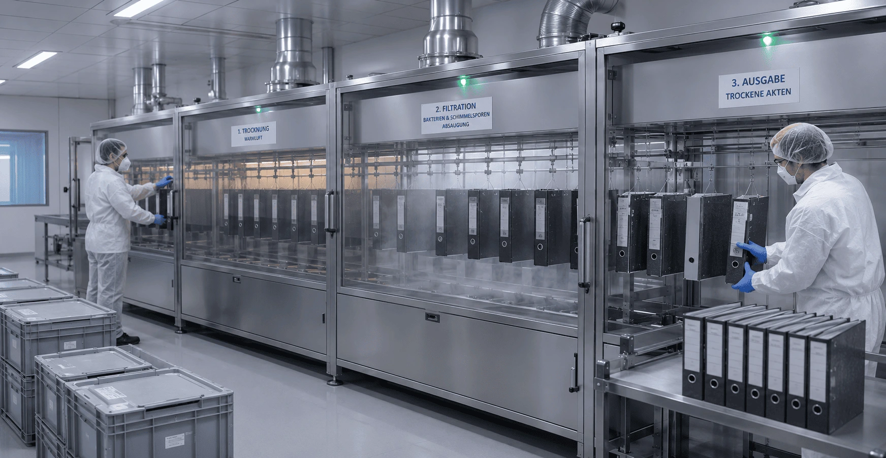 Industrielle Anlage zur Trocknung und Filtration kontaminierter Archivakten nach Wasser- und Schimmelschäden.