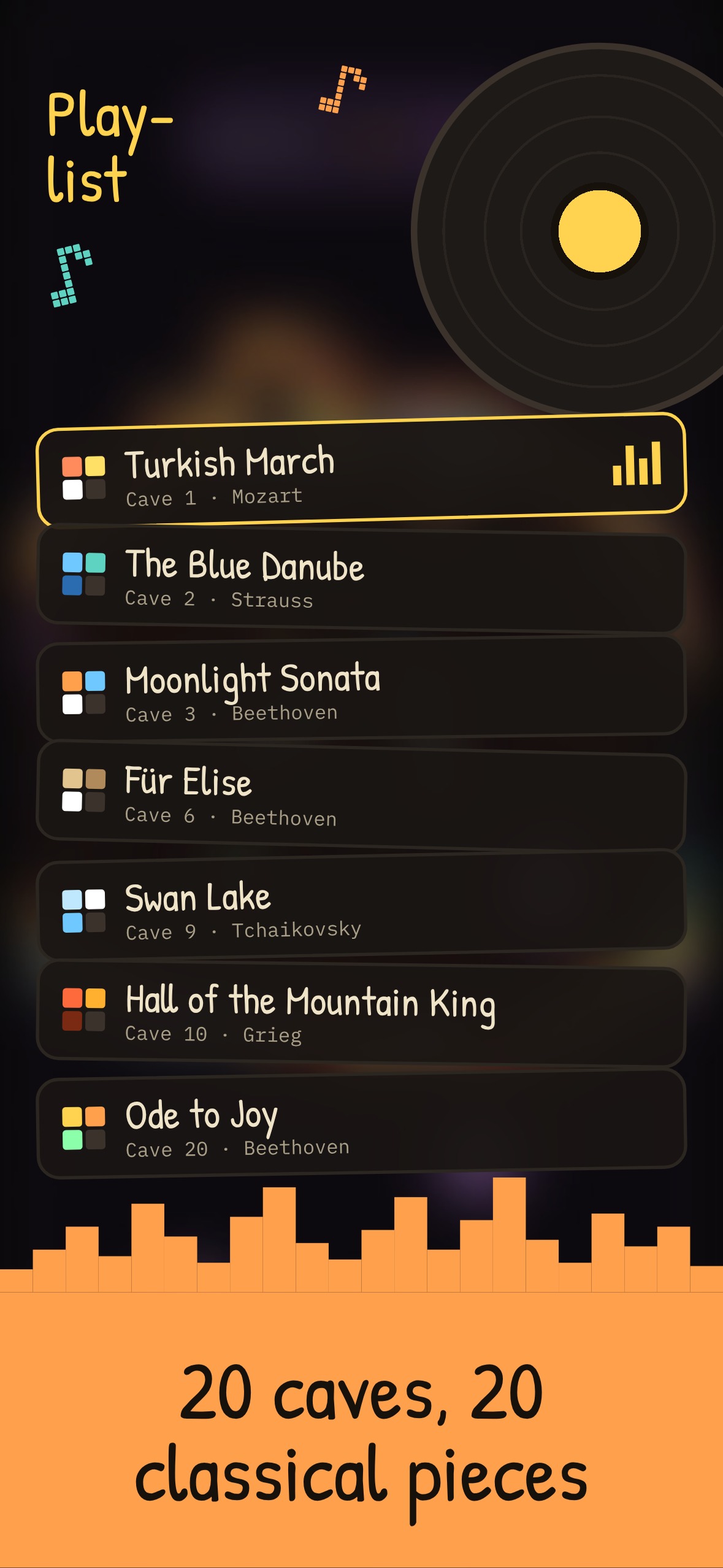 20 caves, 20 classical pieces.