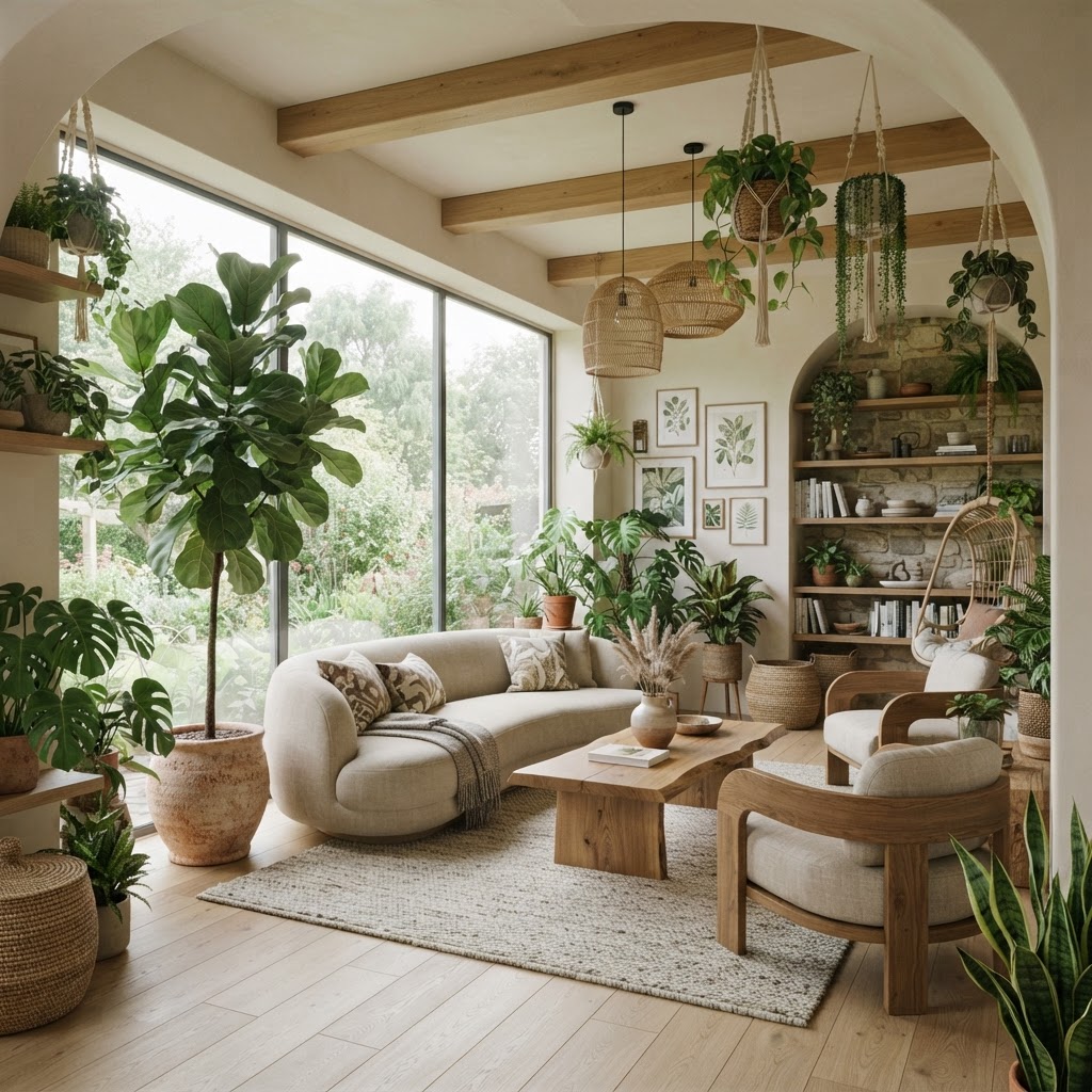 Salón con decoración biofílica: plantas de interior, luz natural y materiales naturales