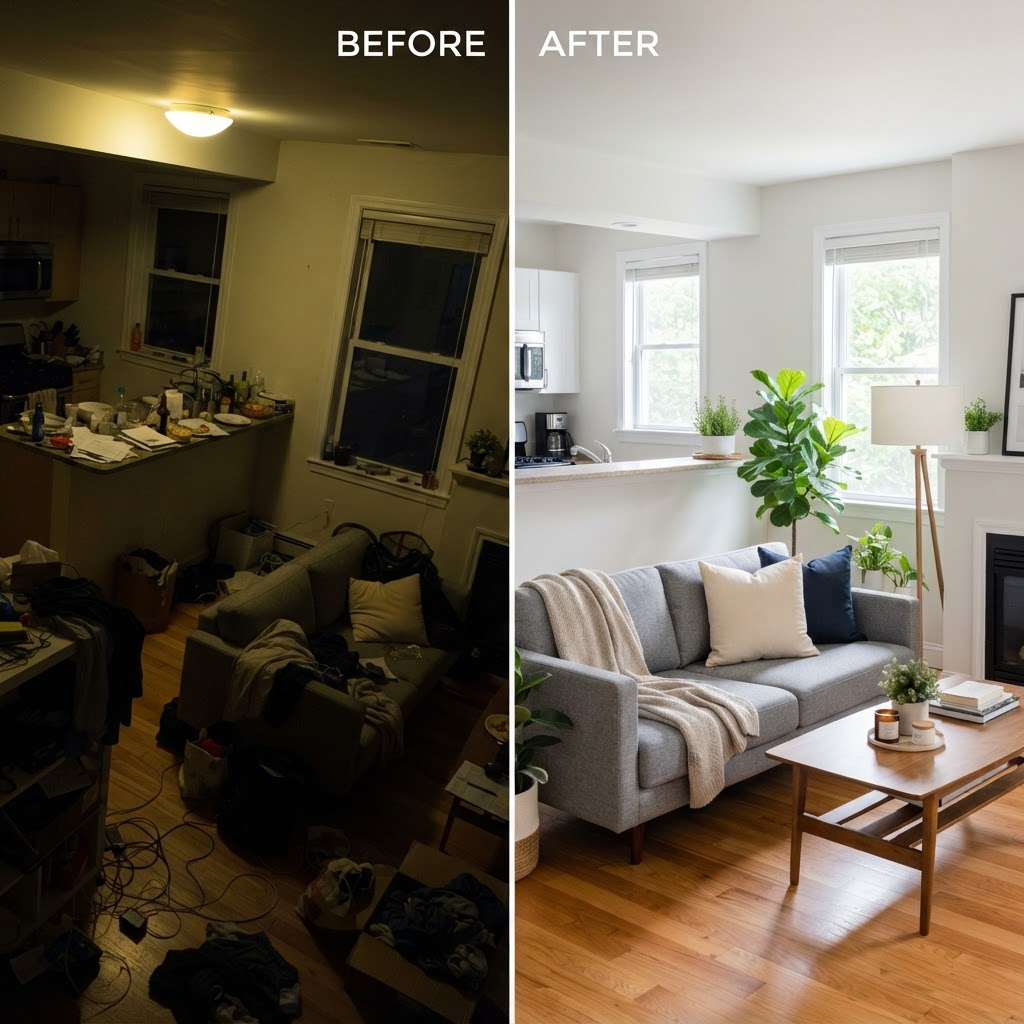 Comparativa de foto inmobiliaria mala versus bien presentada para anuncio