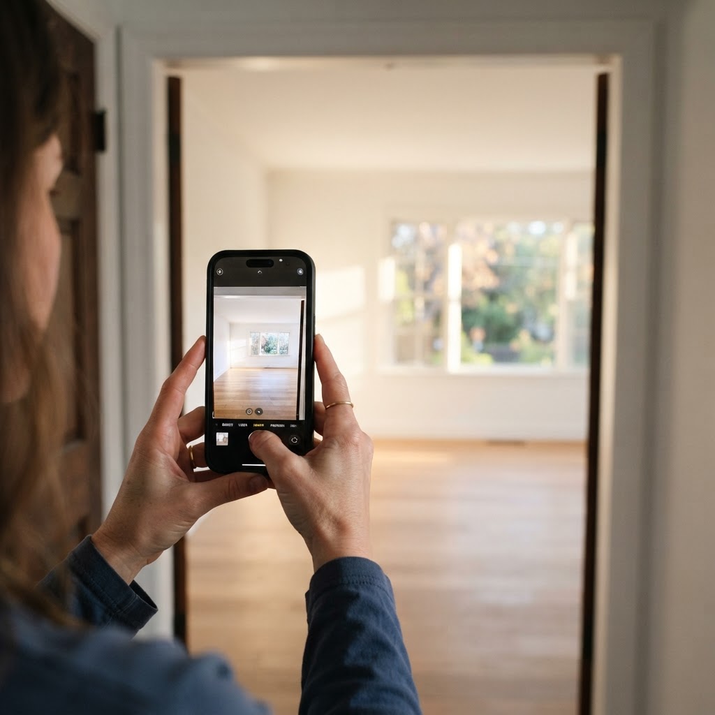 Persona fotografiando una habitación vacía con el móvil para home staging virtual